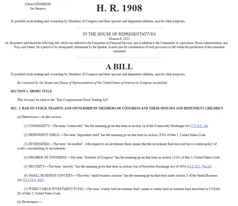 H.R. 1908 Congressional Stock Trading Bill document