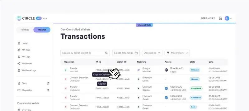 Circle Web3 wallet platform interface