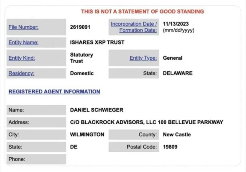 Corporate filing showing iShares XRP Trust details