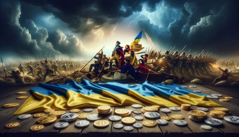 Ukraine flag with bitcoin crypto and war