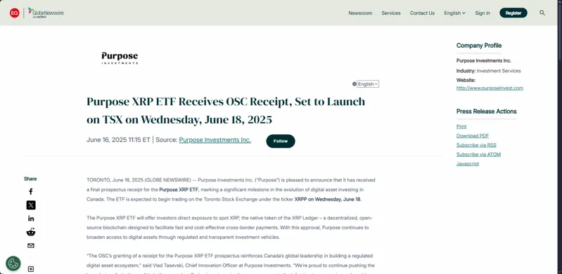 Purpose Investments XRP ETF announcement