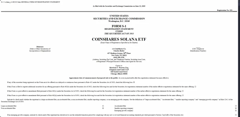 CoinShares SEC Filing Form S-1 SOL ETF