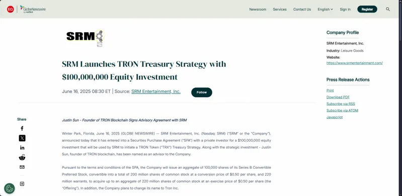 SRM Entertainment press release announcing TRON treasury strategy