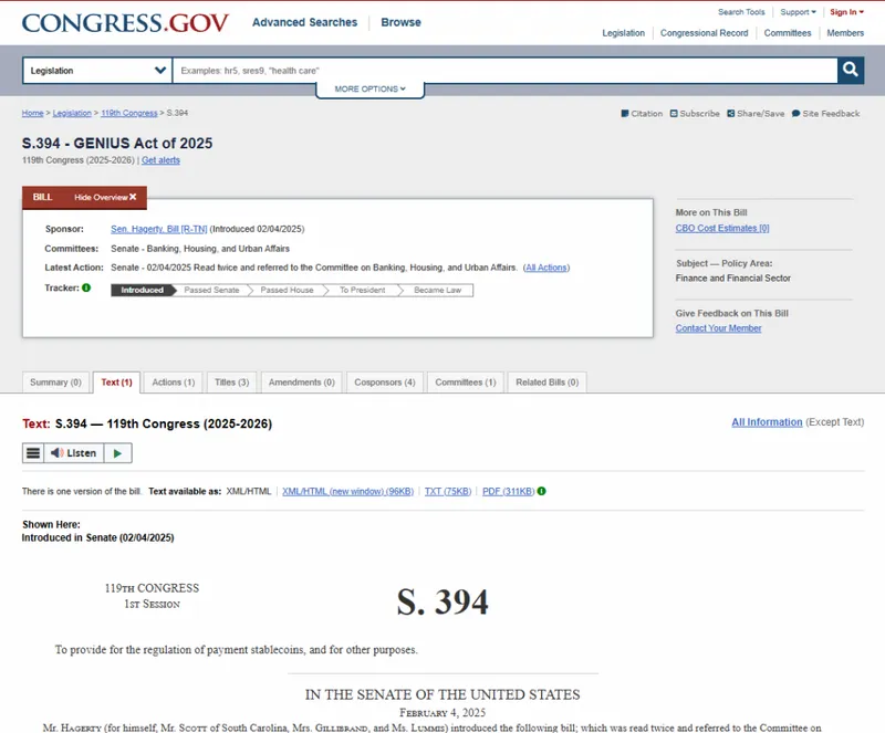 screenshot of the S.394 - GENIUS Act of 2025