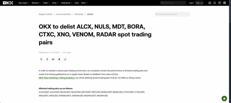 OKX delisting announcement