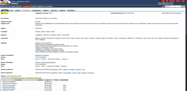 Texas Legislature Bill SB 21 details