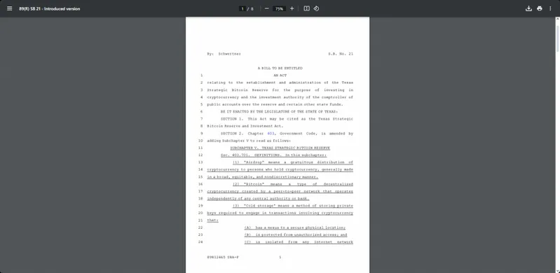 Texas Strategic Bitcoin Reserve bill text