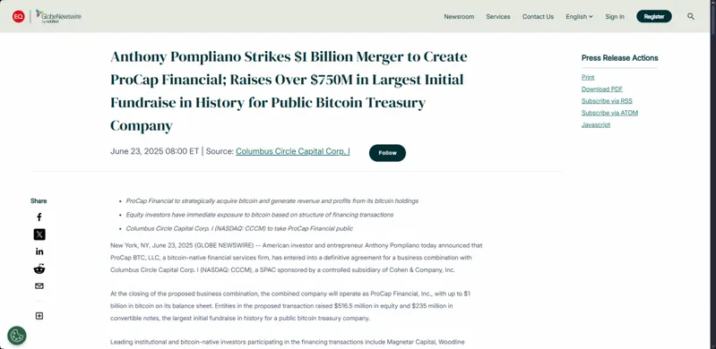 Bitcoin treasury merger announcement