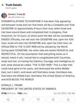 Trump's official ceasefire announcement on Truth Social