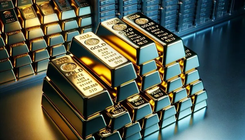 Gold bars stacked in a pyramid formation with blue tint background