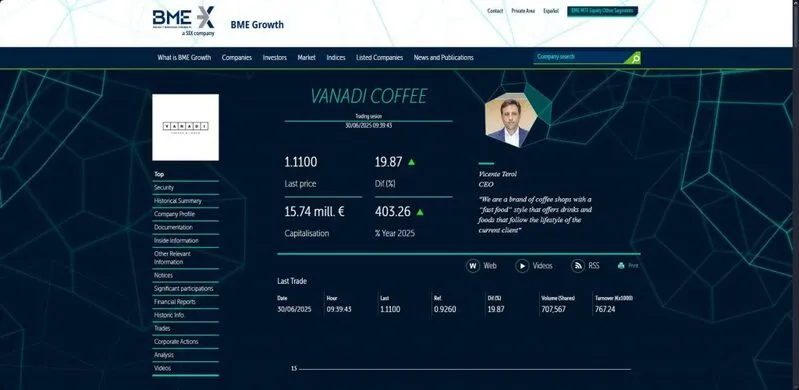 Vanadi Coffee BME Growth market listing