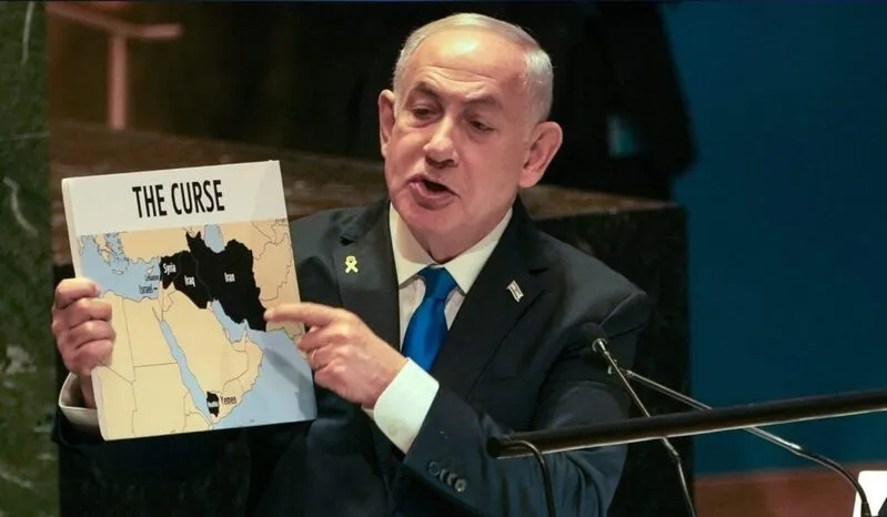 Prime Minister of Israel Benjamin Netanyahu shows a map as he addresses the General Debate of the 79th session of the United Nations General Assembly
