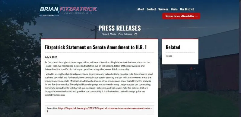 Representative Fitzpatrick's press release on Senate amendments