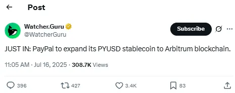 PayPal Expands PYUSD Stablecoin to Arbitrum