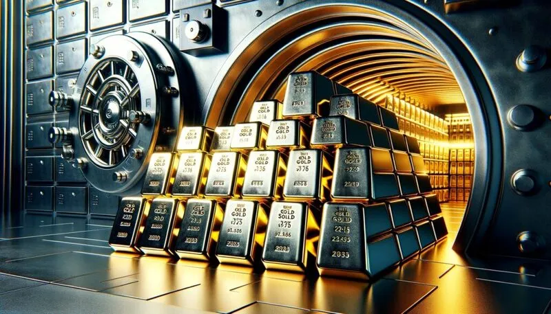 Gold bars flowing out of an open bank vault door