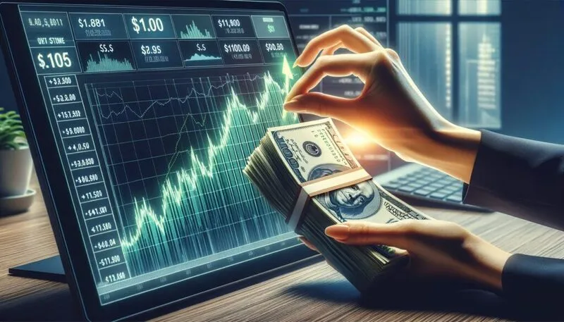 Hand holding cash next to stock market chart showing upward trends
