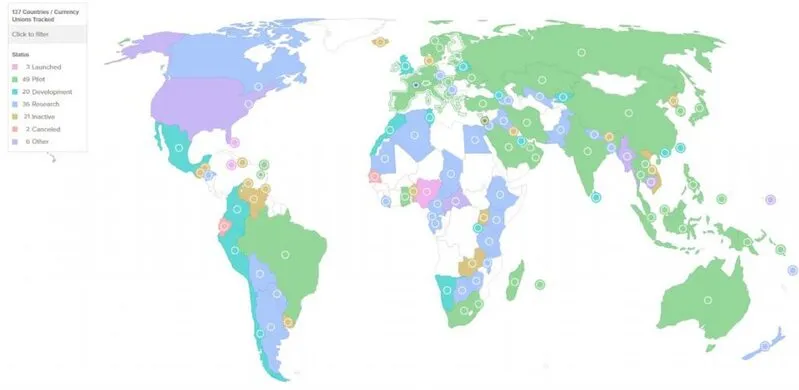 Global CBDC tracker map showing various country statuses