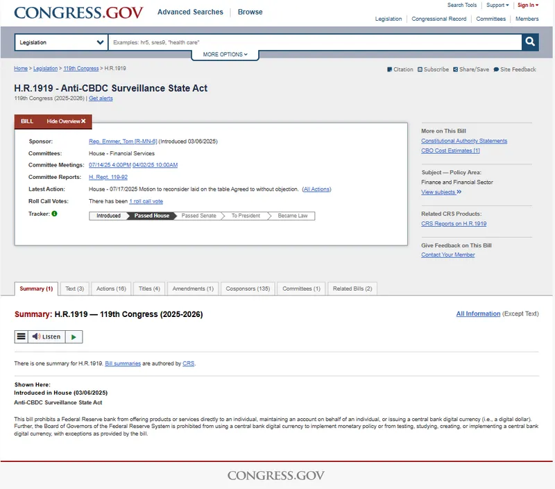 the official Congress.gov webpage for H.R.1919, the "Anti-CBDC Surveillance State Act" from the 119th Congress