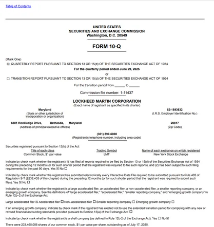 Lockheed Martin Corporation's Form 10-Q filing with the SEC for the quarterly period ended June 29, 2025
