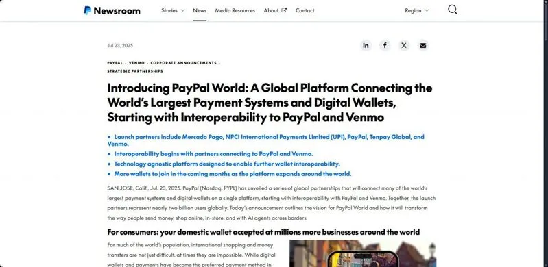 PayPal Newsroom press release announcement