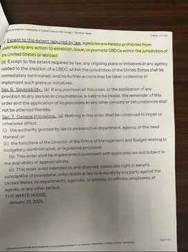 Executive order text prohibiting CBDC establishment