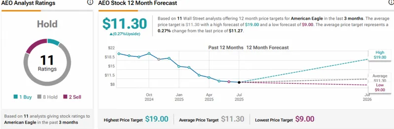 AEO analyst ratings and 12-month forecast showing Hold consensus