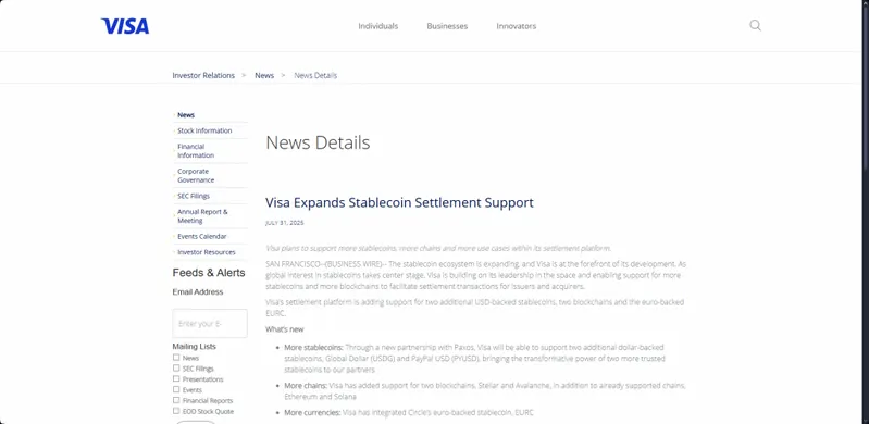 Visa Official Press Release - Screenshot showing Visa's investor relations page announcing "Visa Expands Stablecoin Settlement Support"
