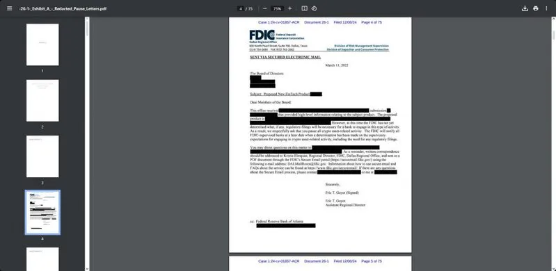 A redacted letter the FDIC sent in 2022 to a company asking it to pause its crypto activities