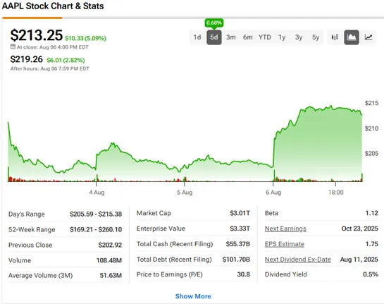 AAPL Stock Chart showing recent performance at $213.25
