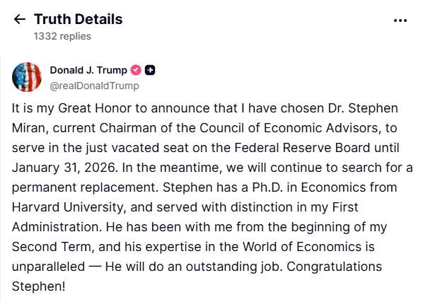 Trump's Truth Social announcement about Miran appointment
