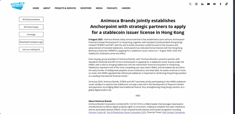 Animoca Brands official announcement webpage