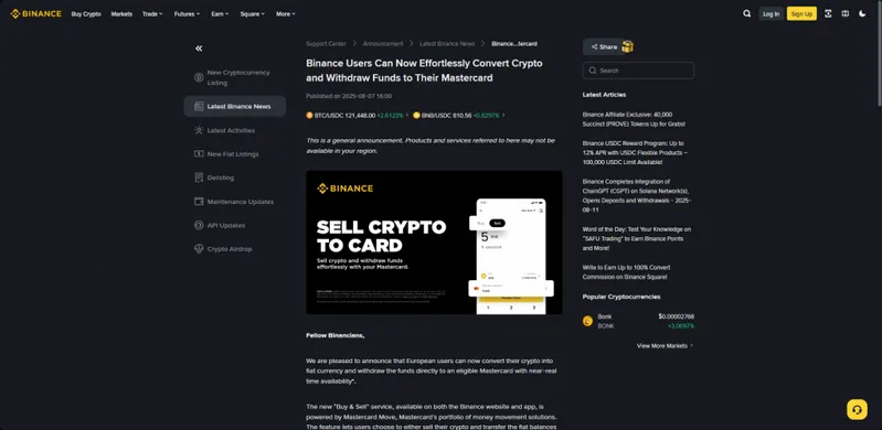 Binance announcement page for crypto-to-card feature