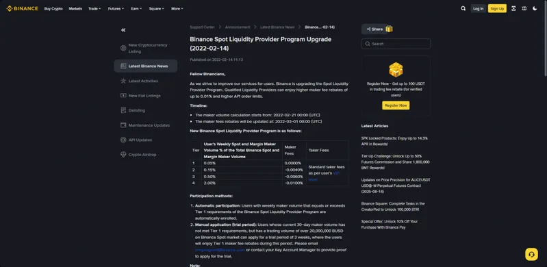 Binance Spot Liquidity Provider Program details page showing tier requirements