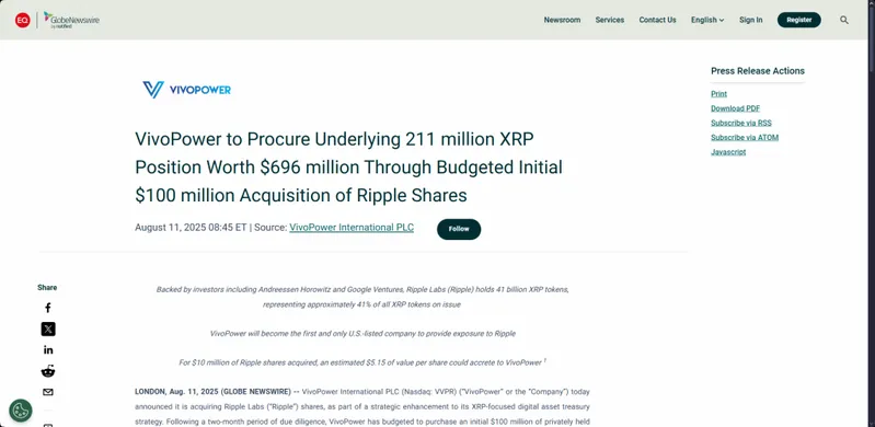 Official VivoPower press release Ripple XRP
