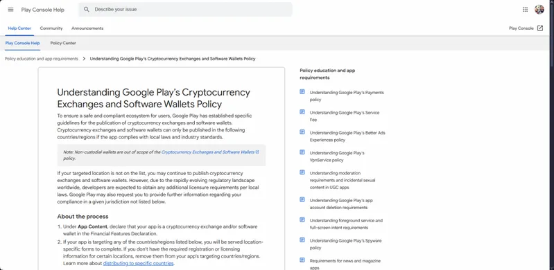 Google Play Help Center showing cryptocurrency exchanges policy