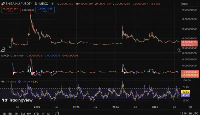 SHIB/USDT long-term trading chart showing historical price movements