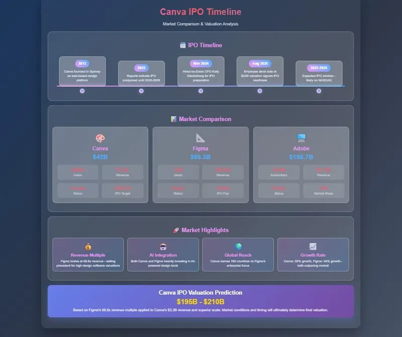 Canva IPO timeline and market comparison infographic