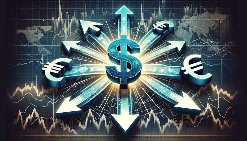Dollar symbol with directional arrows pointing to euro and other currency symbols