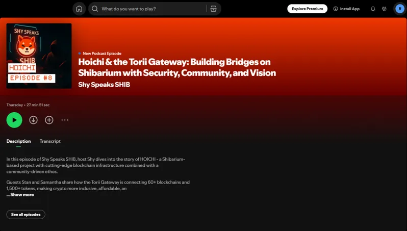 Spotify podcast episode interface showing Hoichi developers discussion
