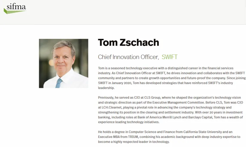 Tom Zschach professional profile from SIFMA website
