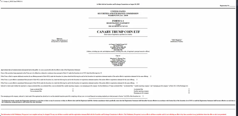 SEC Form S-1 filing document for Canary Trump Coin ETF