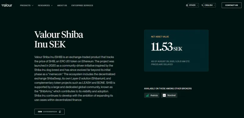 Valour Shiba Inu ETP product page showing 11.53 SEK net asset value and availability on Avanza and Nordnet brokers