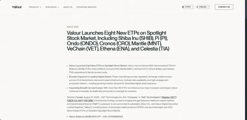 Valour website announcement showing the ETP launch