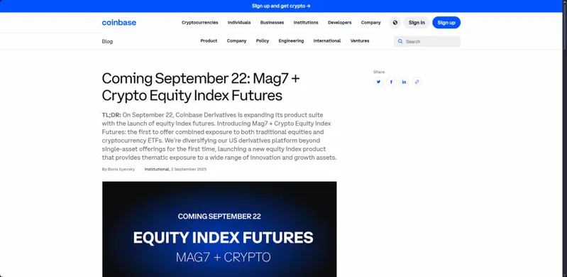 Coinbase blog announcement showing "Coming September 22: Mag7 + Crypto Equity Index Futures"