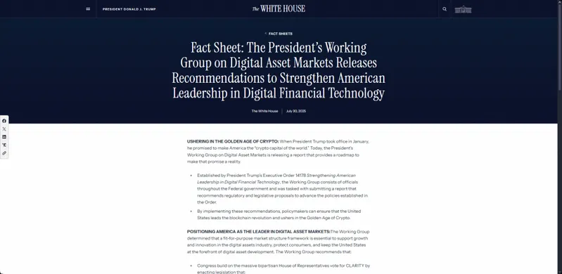 White House fact sheet on digital asset markets working group