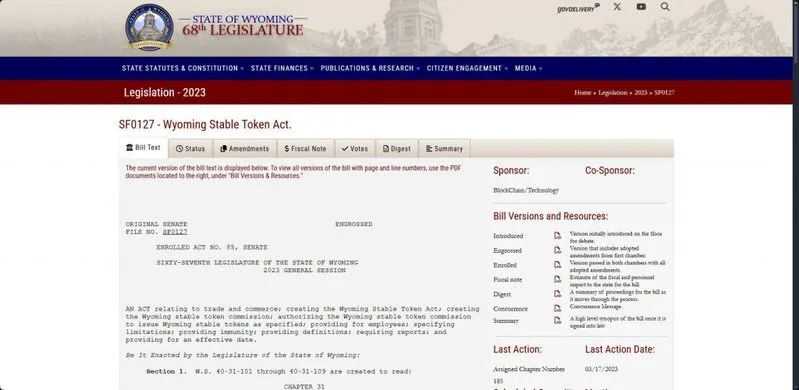 Wyoming Stable Token Act Legislature Documentation