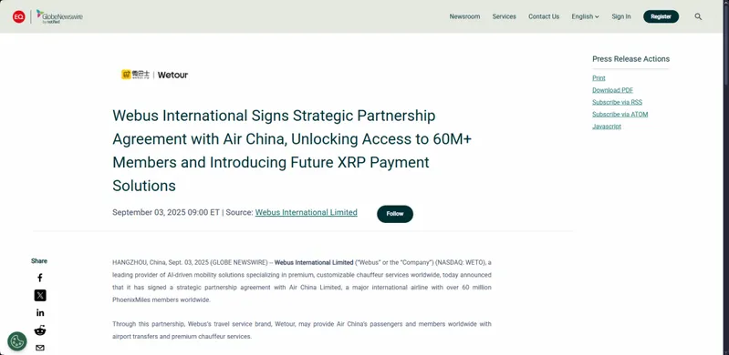 Official press release showing WeTour and Air China partnership agreement