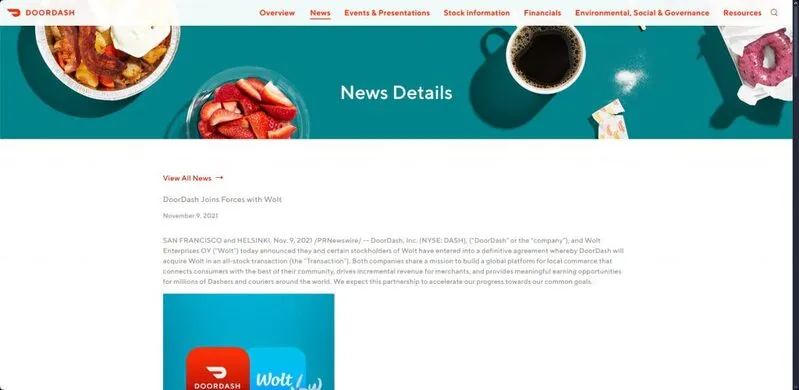 DoorDash news announcements page