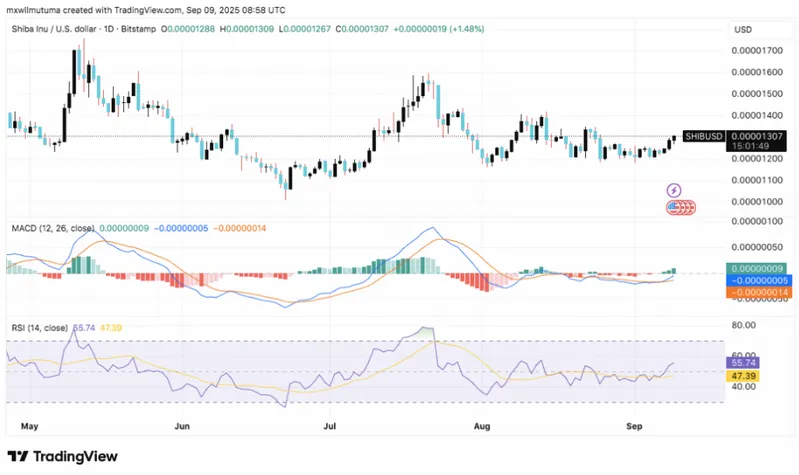 SHIB technical chart with MACD and RSI indicators