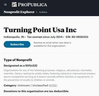 ProPublica nonprofit data showing Turning Point USA Inc